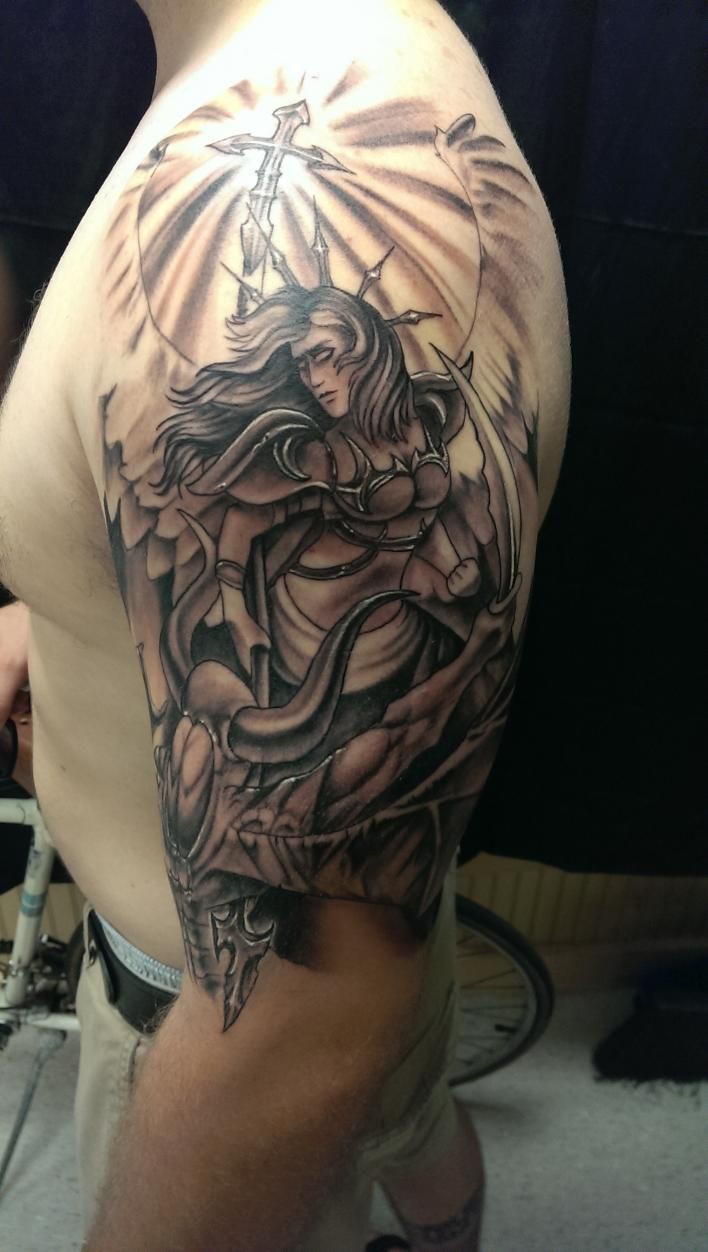 Black Ink Angel Tattoo On Left Half Sleeve