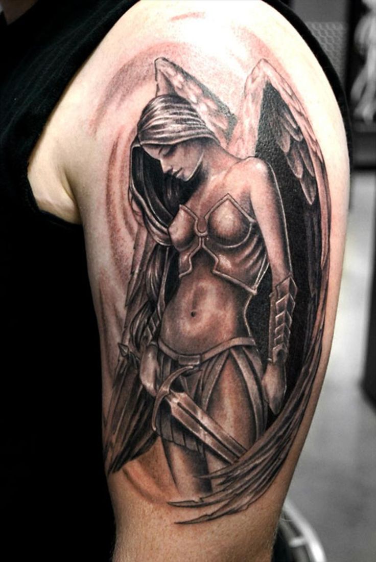 Black Ink Angel Tattoo On Man Left Half Sleeve