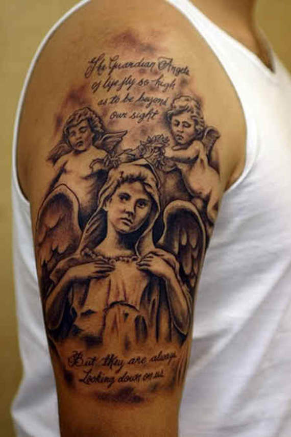 Black Ink Angel Tattoo On Man Right Half Sleeve