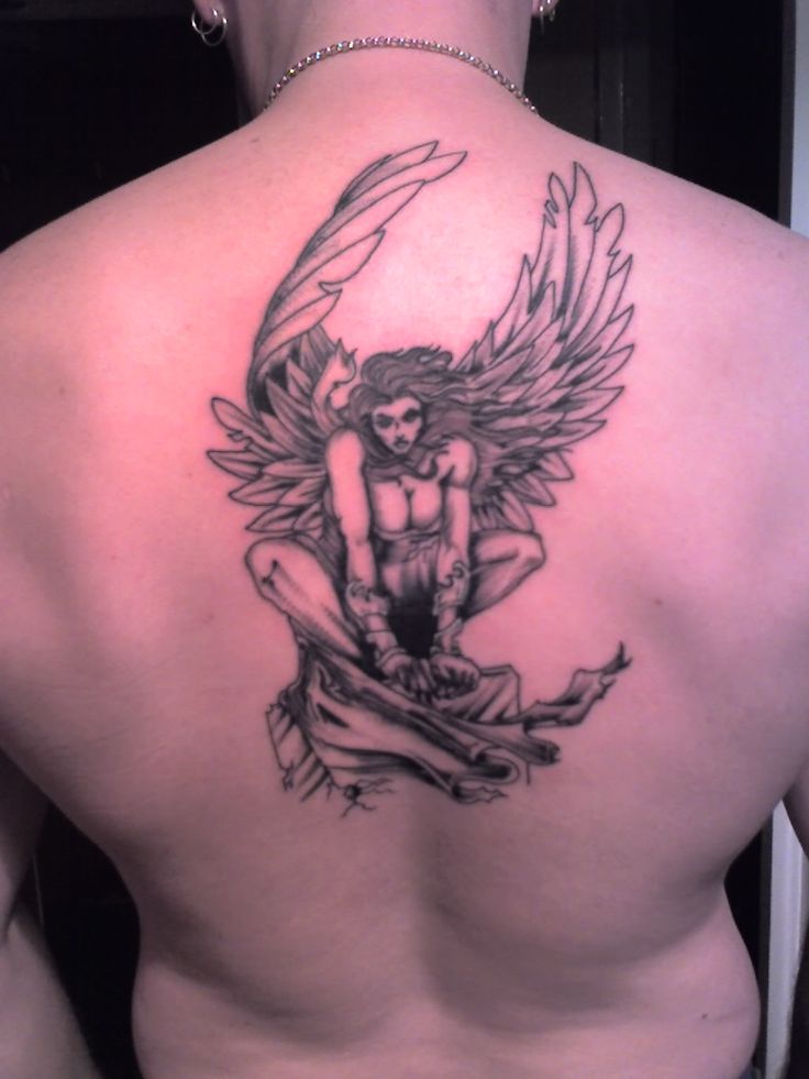 Black Ink Angel Tattoo On Man Upper Back