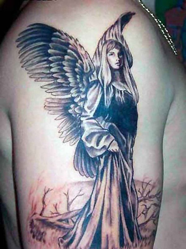 Black Ink Angel Tattoo On Right Shoulder