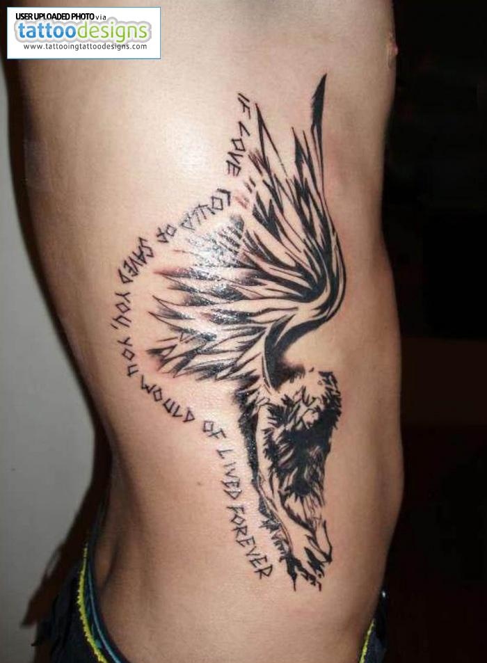 Black Ink Angel Tattoo On Right Side Rib