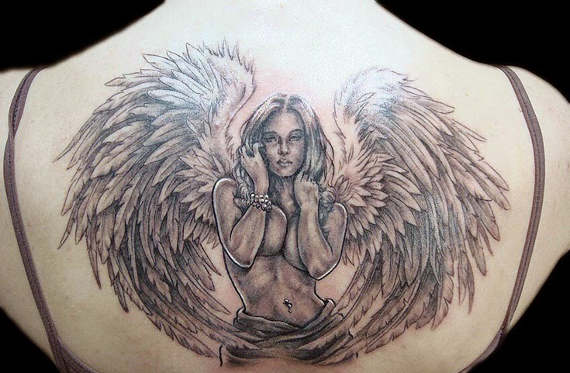 Black Ink Angel Tattoo On Women Upper Back