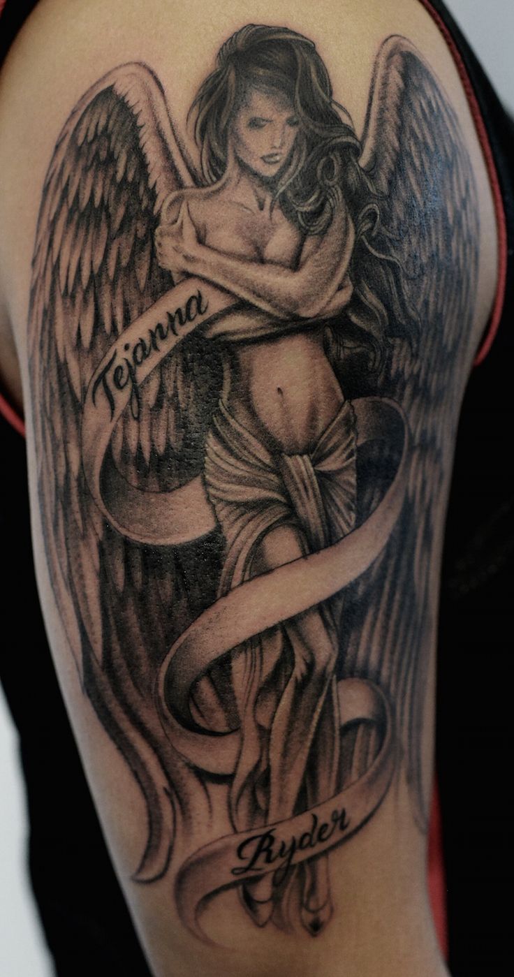 Black Ink Angel With Banner Tattoo On Right Half Sleeve
