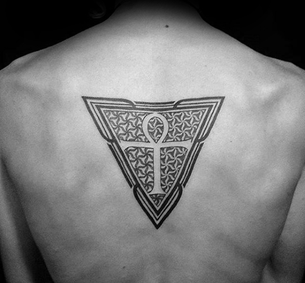 Black Ink Ankh In Triangle Tattoo On Man Upper Back
