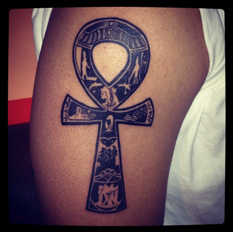 Black Ink Ankh Tattoo On Right Half Sleeve