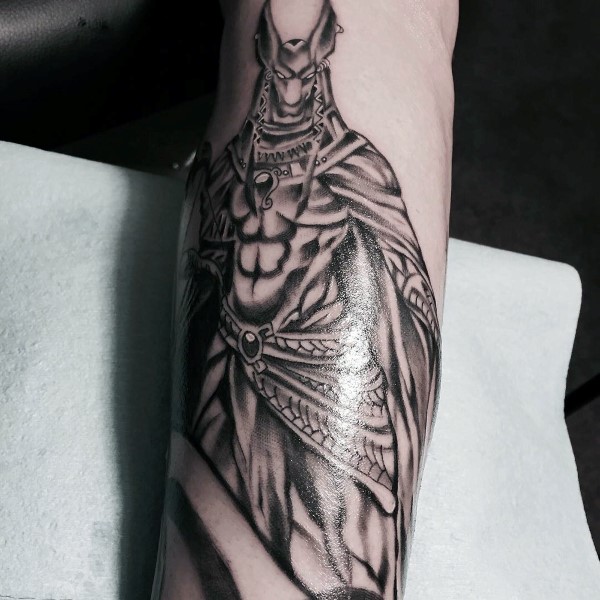 Black Ink Anubis Tattoo Design For Forearm