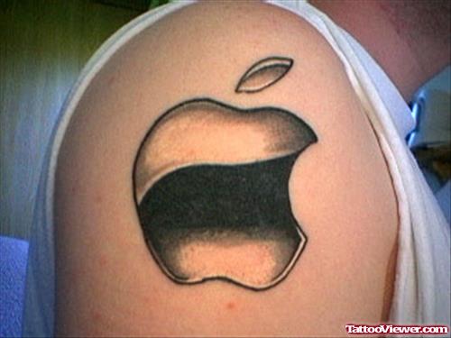 Black Ink Apple Logo Tattoo On Right Shoulder