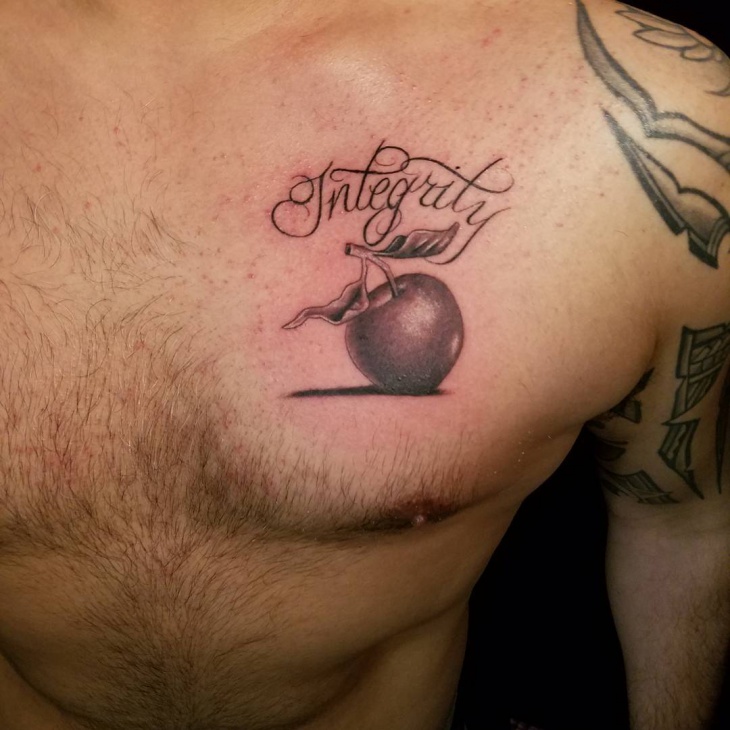 Black Ink Apple Tattoo On Man Right Chest