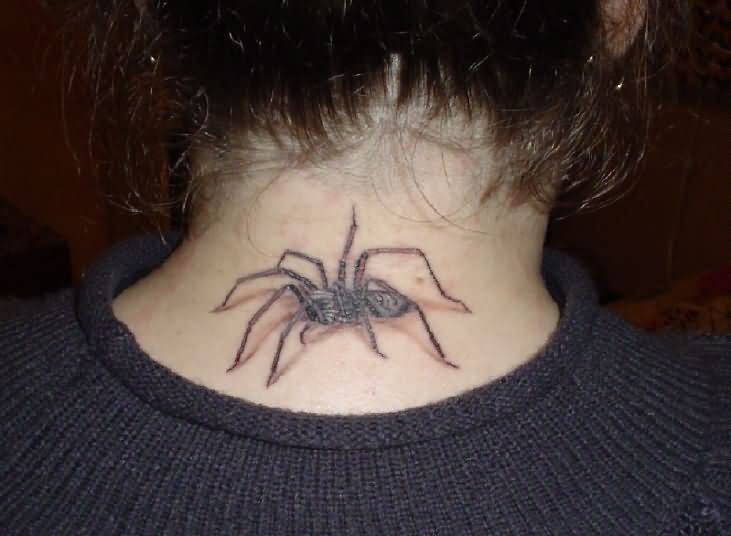 Black Ink Arachnids Tattoo On Back Neck