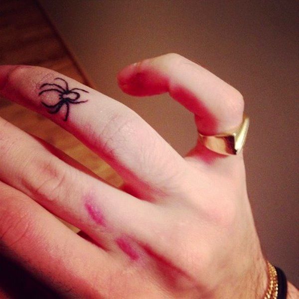 Black Ink Arachnids Tattoo On Right Finger