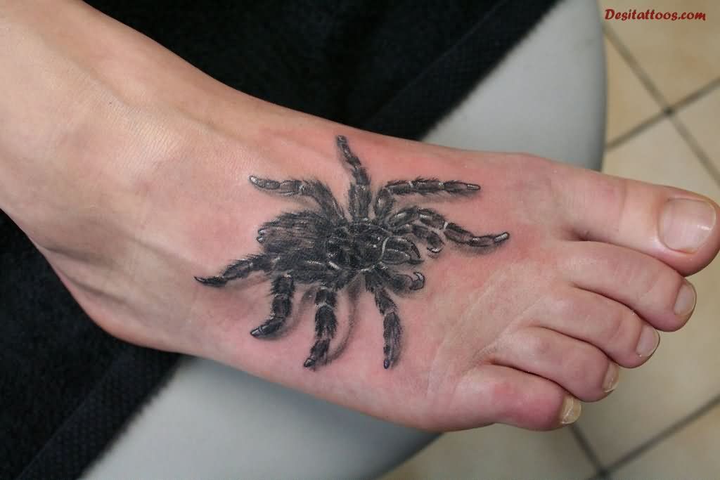 Black Ink Arachnids Tattoo On Right Foot