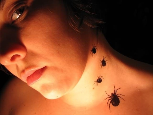 Black Ink Arachnids Tattoo On Women Left Side Neck