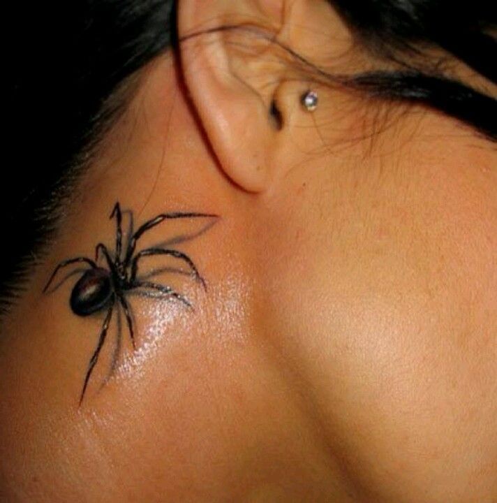 Black Ink Arachnids Tattoo On Women Right Behind The Ear