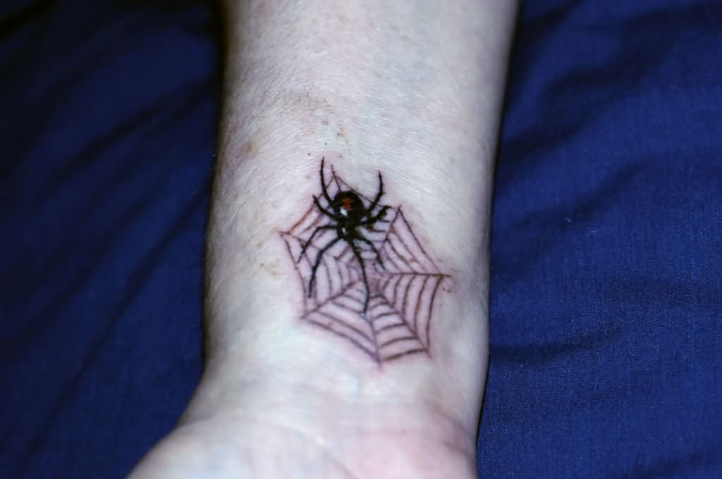 Black Ink Arachnids With Web Tattoo On Right Wrist