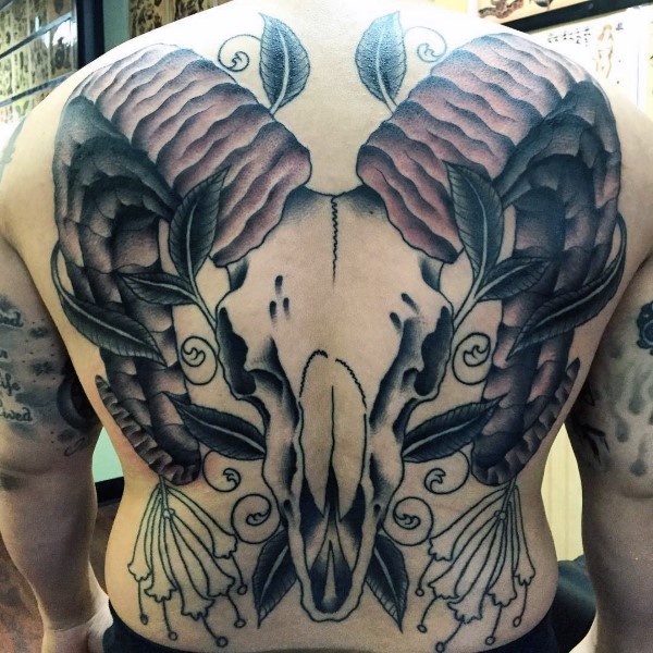 Black Ink Aries Skull Tattoo On Man Full Back
