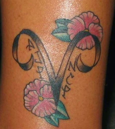 Black Ink Aries Symbol With Flowers Tattoo Design