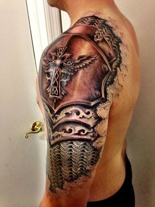 Black Ink Armor Tattoo On Man Left Half Sleeve