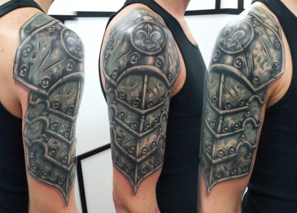 Black Ink Armor Tattoo On Man Right Half Sleeve