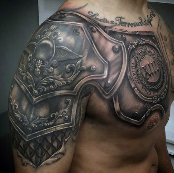 Black Ink Armor Tattoo On Man Right Shoulder