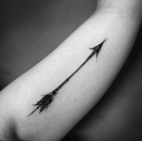 Black Ink Arrow Tattoo On Left Bicep