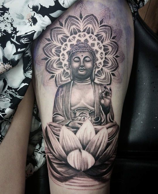 Black Ink Asian Buddha With Lotus Flower Tattoo Design For Thigh