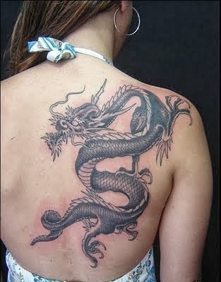 Black Ink Asian Dragon Tattoo On Women Upper Back