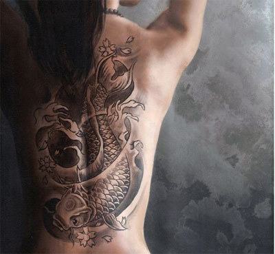 Black Ink Asian Fish Tattoo On Girl Full Back