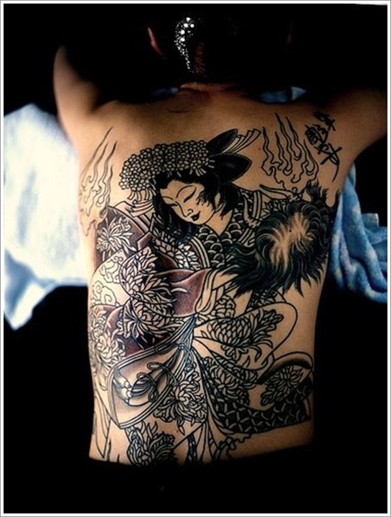 Black Ink Asian Girl Tattoo On Full Back