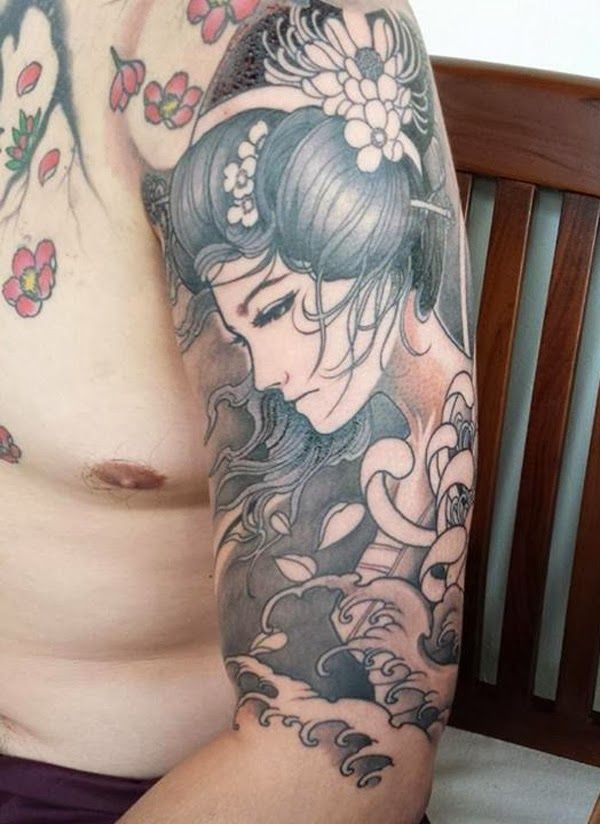 Black Ink Asian Girl Tattoo On Man Left Half Sleeve