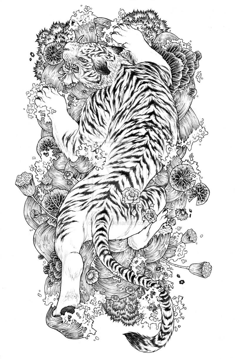 Black Ink Asian Tiger With Flowers Tattoo Design