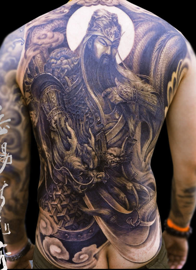 Black Ink Asian Warrior Tattoo On Man Full Back