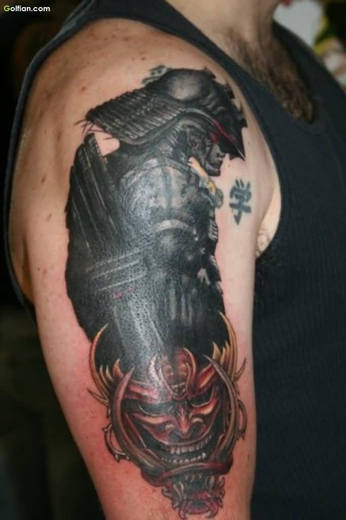 Black Ink Asian Warrior Tattoo On Right Half Sleeve