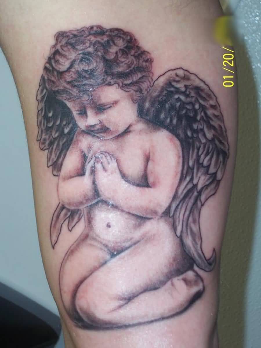 Black Ink Baby Angel Tattoo Design For Bicep