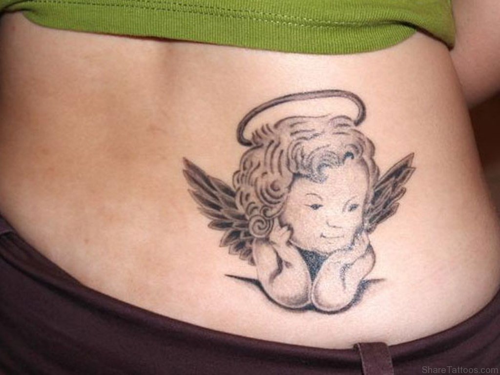 Black Ink Baby Angel Tattoo On Lower Back
