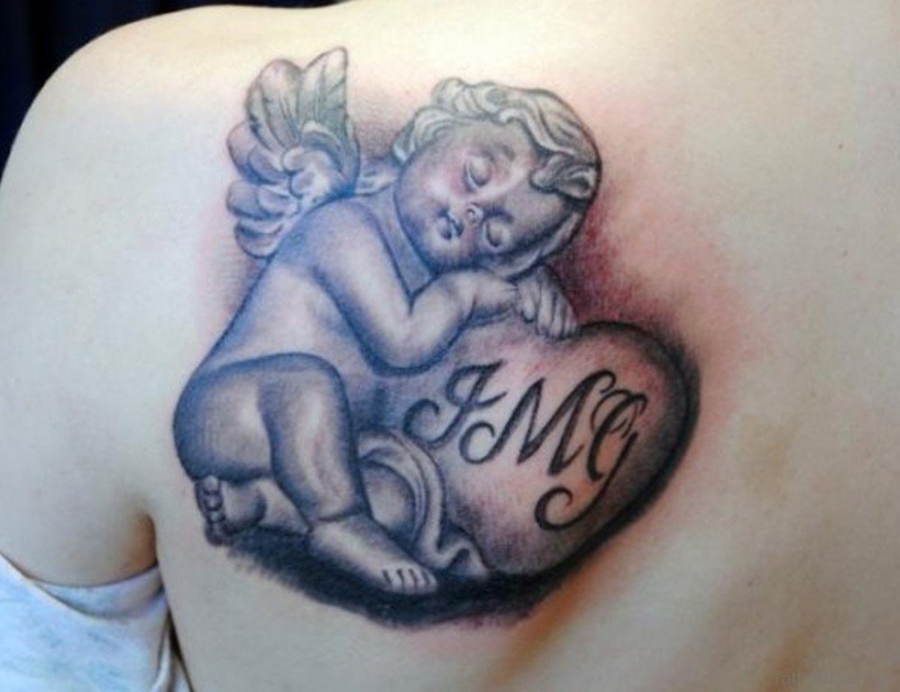 Black Ink Baby Angel With Heart Tattoo On Left Back Shoulder