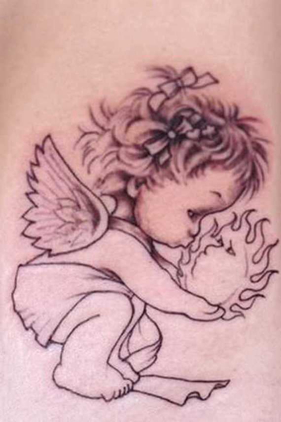 Black Ink Baby Angel With Sun Tattoo Design