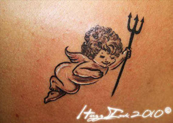 Black Ink Baby Angel With Trident Tattoo Design