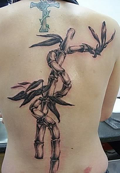 Black Ink Bamboo Tree Tattoo On Full Back