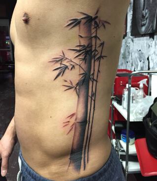 Black Ink Bamboo Tree Tattoo On Man Left Side Rib