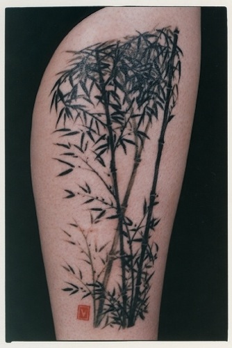 Black Ink Bamboo Trees Tattoo Design For Leg Calf