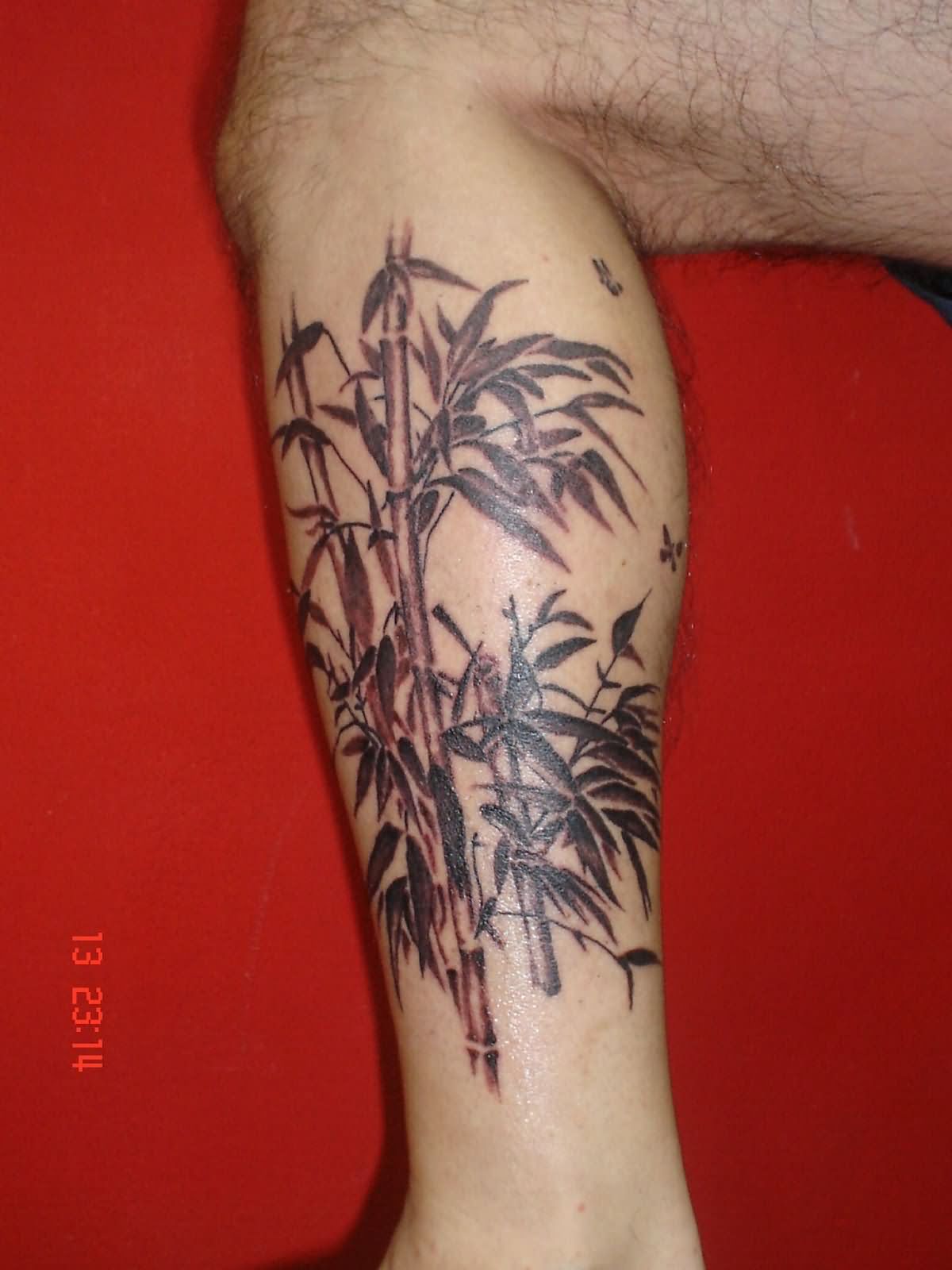 Black Ink Bamboo Trees Tattoo On Leg Calf