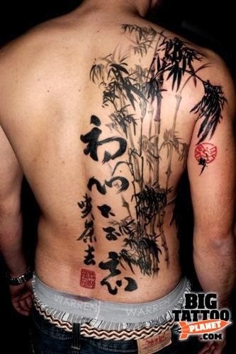 Black Ink Bamboo Trees Tattoo On Man Full Back