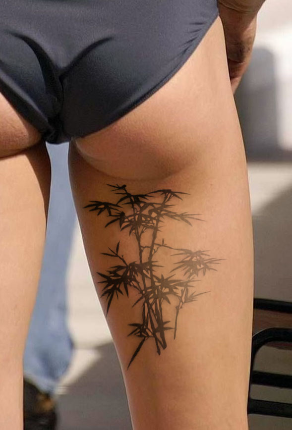 Black Ink Bamboo Trees Tattoo On Right Back Thigh