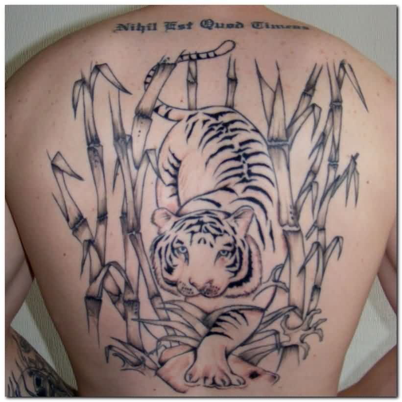Black Ink Bamboo Trees With Tiger Tattoo On Man Upper Back
