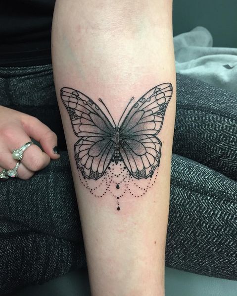 Black Ink Butterfly Tattoo On Left Forearm