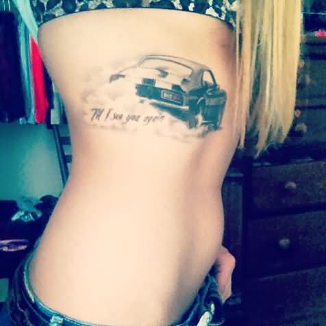 Black Ink Camaro Car Tattoo On Girl Right Side Rib