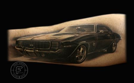 Black Ink Camaro Car Tattoo On Right Forearm