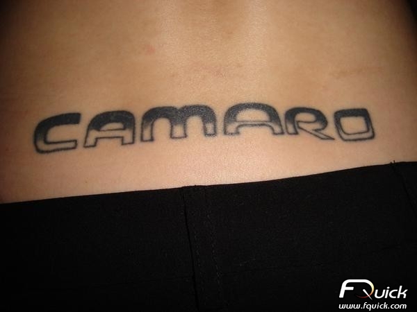 Black Ink Camaro Lettering Tattoo On Lower Back