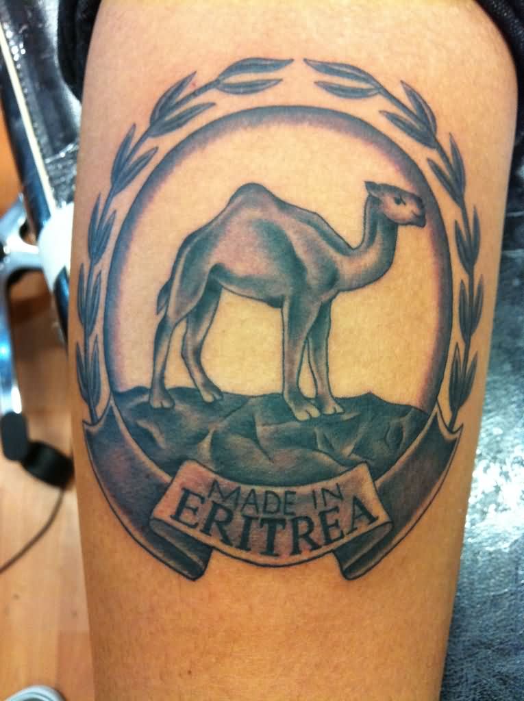 Black Ink Camel In Frame With Banner Tattoo Design For Forearm